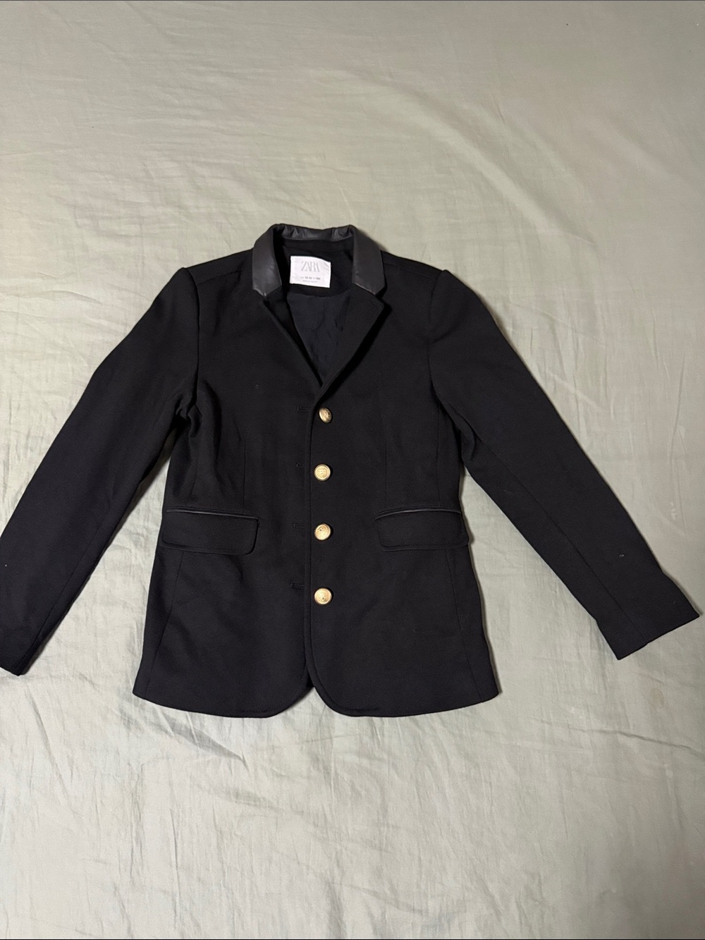 ZARA Kids Black Blazer Faux Leather Collar Gold Buttons Size 13-14